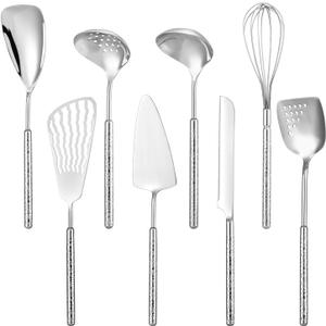 304 Stainless Steel Cooking Utensils Set, 8PCS Kitchen Utensils Set, Luxury Kitchen Utensils, Deep Ladle, Skimmer, Slotted Spatula, Fish Spatula, Serving Spoon, Whisk, Bread Knife, Cake Server