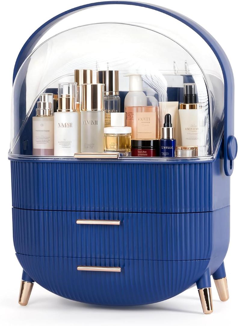 MASSY Egg Shape(Oval) Makeup Storage Box, Countertop Portable Vanity Cosmetics Organizer Preppy (Blue)