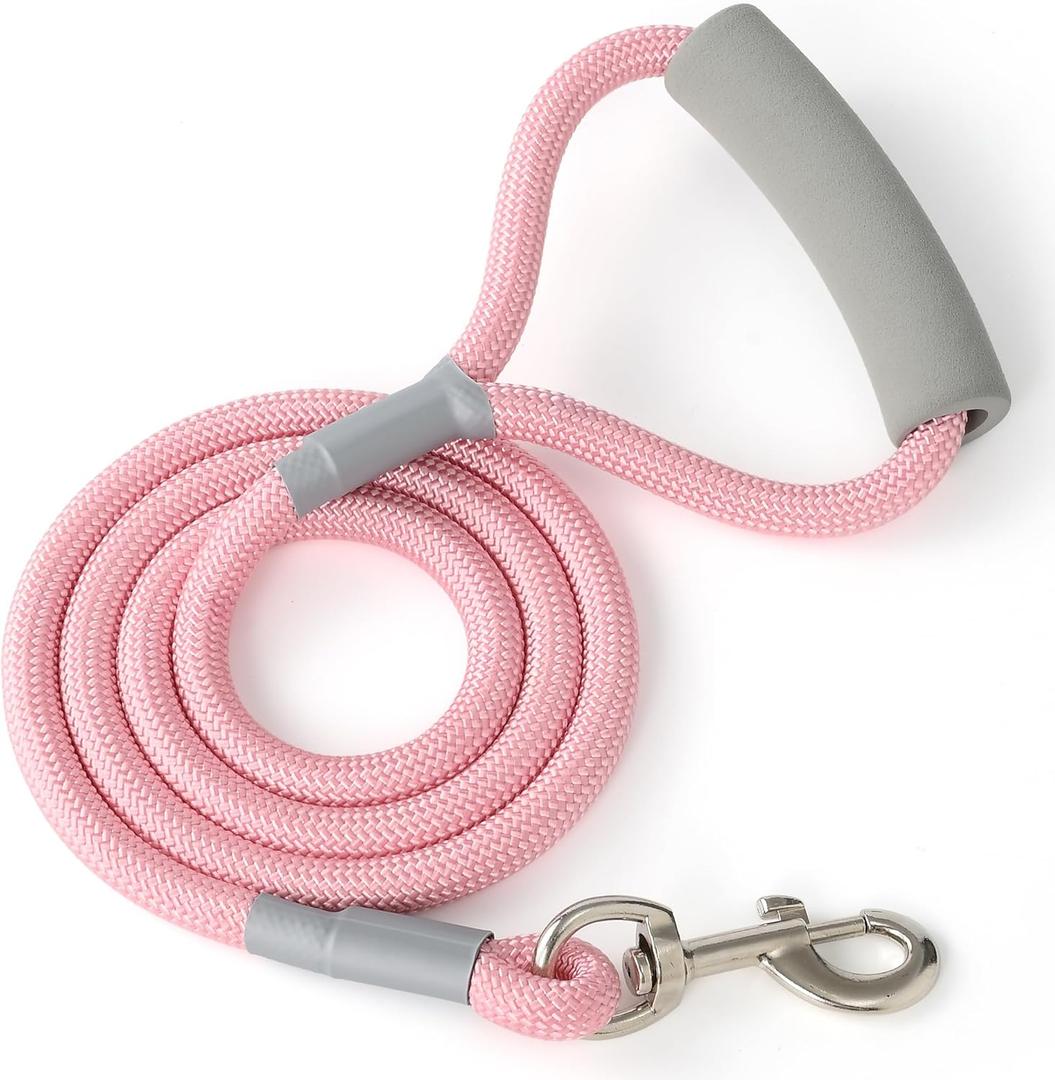 Mile High Life Dog Leash, with Comfortable Padded Handle, Pink Nylon Rope Leash with Steel Tips, Heavy Duty 5 Feet Pet Leashes (Pink,60 Inches)