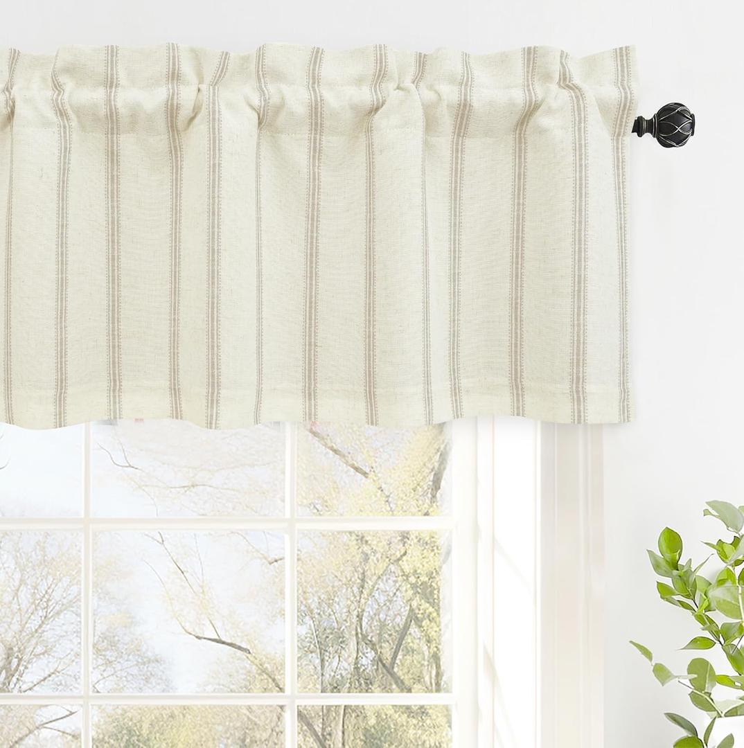 DriftAway Farmhouse Linen Lined Valance 2 Layer Thermal Insulated Room Darkening Blackout Window Valances Rod Pocket Vertical Striped Kitchen Valance for Bathroom Single 52 x 14 Inch Camel Beige