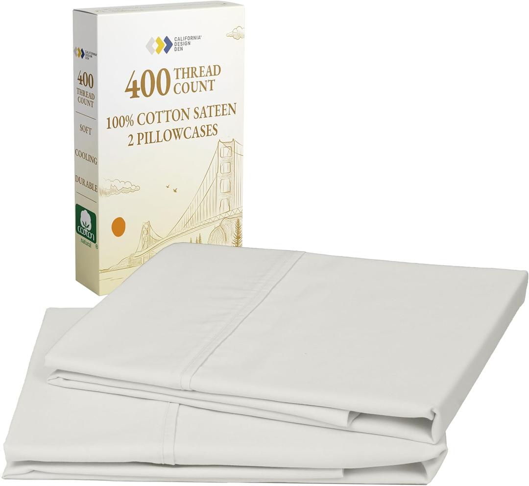 California Design Den Standard Queen Size Pillowcase Set - 400 Thread Count, 100% Cotton Sateen, Set of 2 Pillow Covers, Breathable, Cooling, Soft for Quality Sleep - Ivory (Pale Tone)