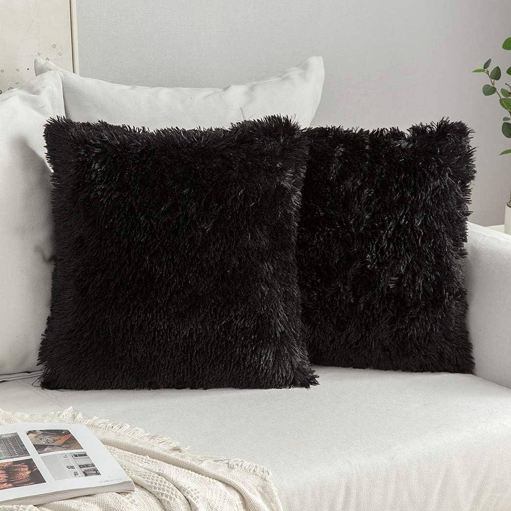 MIULEE Pack of 2 Luxury Faux Fur Fluffy Throw Pillow Covers Set Soft Deluxe Winter Decorative Plush Fleece Pillowcases for Cushion Couch Sofa Bedroom Home 20 x 20 Inch Black