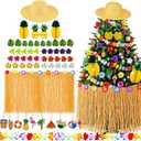 57 Pcs Summer Christmas Tree Ornaments Decorations Floral Banner Hawaiian Tassel Grass Skirt Wooden Ornaments Decorations Tropical Party Decor Sunglass Hat Tree Topper for Hawaiian Party Supplies