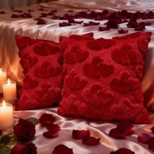 Valentines Pillow Covers 18x18 Inch Set of 2,Red Heart Pillow Covers Soft Plush Faux Fur Valentines Day Decorations (Double Heart)