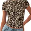 BTFBM Womens Sheer Mesh Summer Tops 2025 Crewneck Short Sleeve Print Ruched Crop Top Slim Fit Club Going Out T Shirts (L)