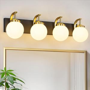 FDPBY 4-Light Bathroom Vanity Light Fixtures Sand Black Gold Vanity Lights Over Mirror Modern Wall Sconce with Milk White Glass Globe Lampshade for Lving Room Dining Room Corridor Powder Room