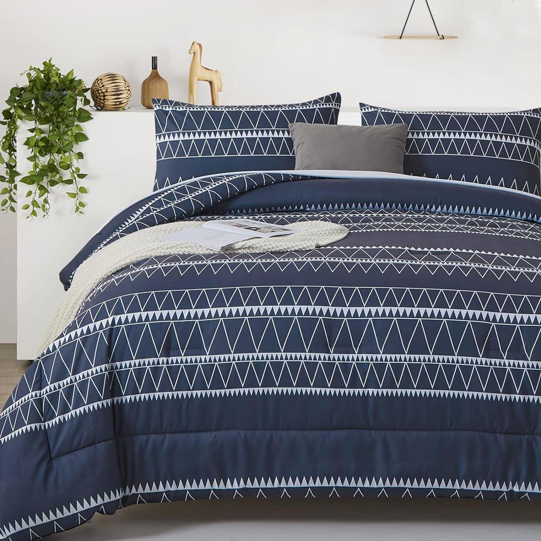 WONGS BEDDING Navy Blue Comforter Set Queen, Reversible Boho Triangle Down Alternative Comforter Set for Queen Bed - 3 Pieces (1 Comforter + 2 Pillowcases), Soft Microfiber Bedding Set 90"x 90"