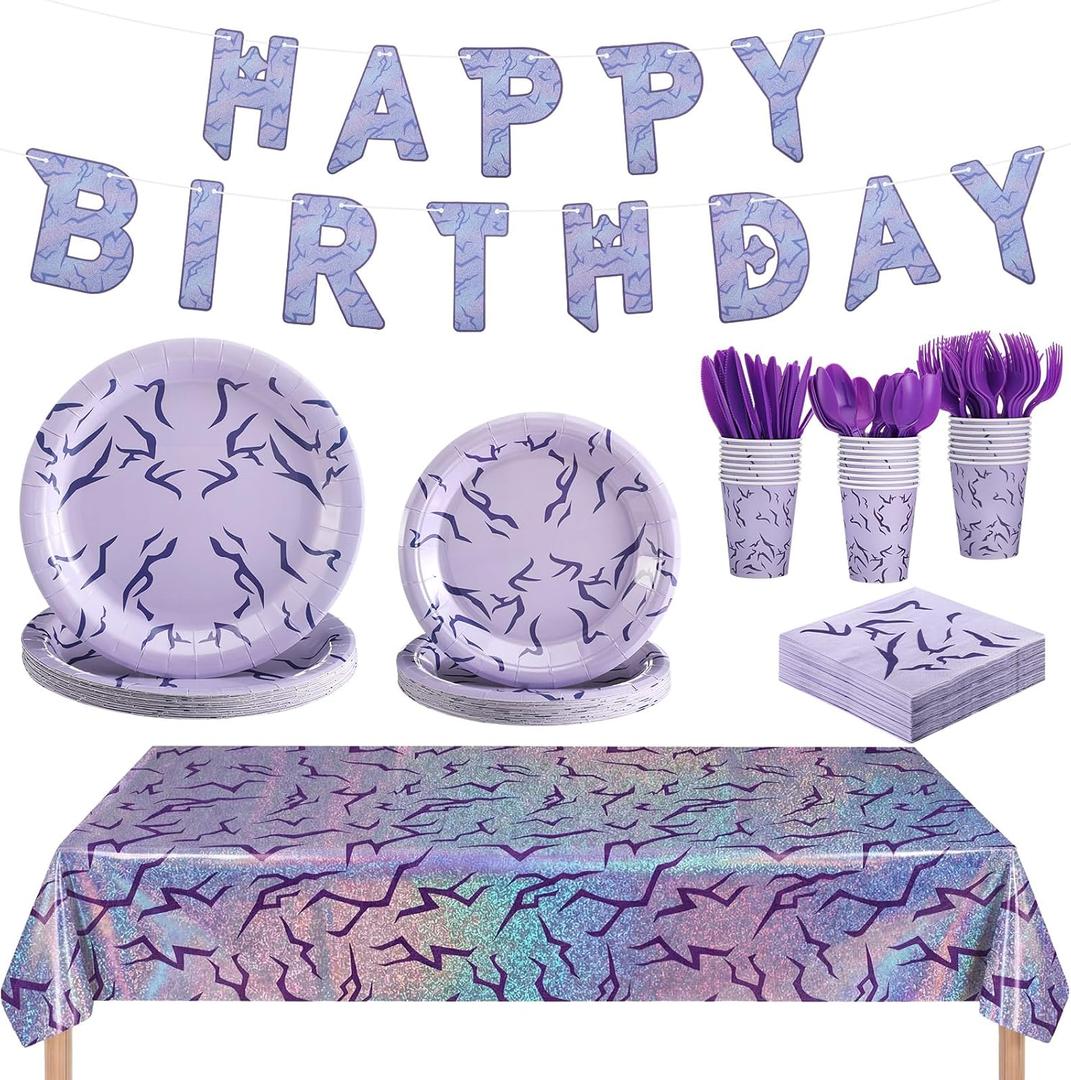 LemonRoad 179 Pcs K Pop Theme Party Supplies Set, K Pop Theme Birthday Tableware Set Purple Holographic Laser Energy Pattern Plates, Tablecloths, Banner, Cups, Napkins, Purple Party Sets for 25 Guests