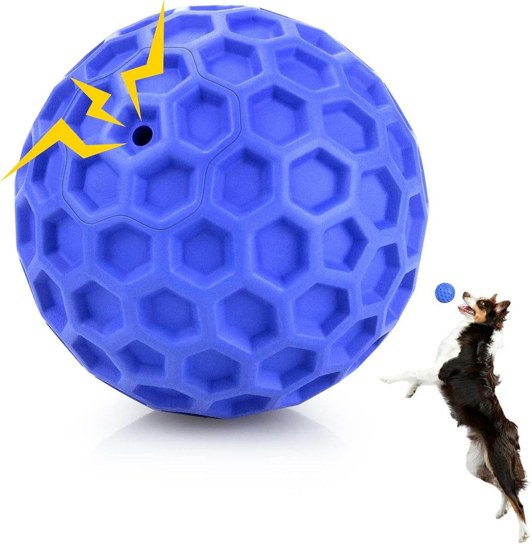 Indestructible Squeaky Dog Ball, Relieves Anxiety, Cleans Teeth, Interactive Chew Toy for Aggressive Chewers, Dog Toy for Large Breeds, Outdoor Waterproof (Blue)
