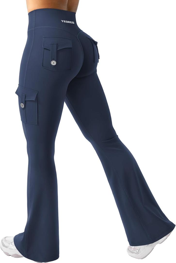 YEOREO CoreFlex Women Workout Flare Leggings with Pockets Hidden Scrunch High Waisted Cargo Gym Yoga No Front Seam Leggings (Medium, Blue Navy)