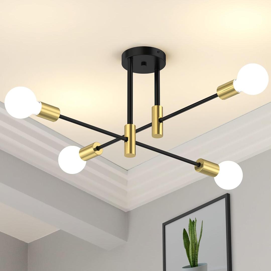 Modern Sputnik Chandelier Ceiling Light Fixtures, 4-Lights Mid Century Industrial Metal Semi Flush Mount for Dining Room, Bedroom, Living Room-Black and Gold