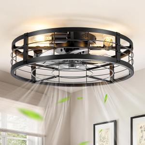 LEDIARY 20" Caged Ceiling Fan with Light and Remote, Low Profile Flush Mount Fandelier, Black Bladeless Enclosed Small Fan Lights Ceiling Fixtures, Rustic Farmhouse Style for Bedroom, Outdoor