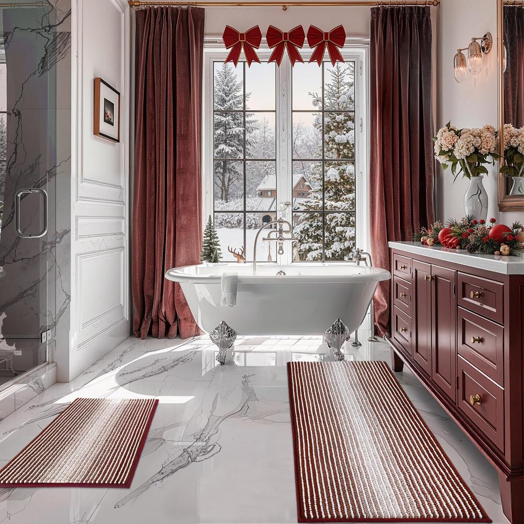 Bathroom Rugs and Mats Sets, 2 Piece Thick Absorbent Chenille Bath Mat Rug Set Non Slip, Soft Shaggy Bath Room Floor Mats for Bathroom, Machine Washable (Burgundy Red, 20" x 47" Plus 16" x 24")