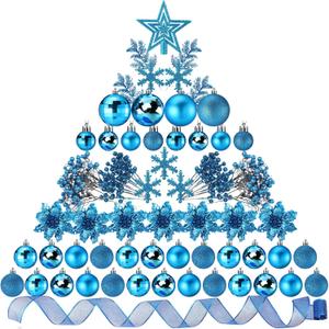 Sratte 94 Pcs Christmas Tree Decorations Set, Christmas Tree Ball Ornaments Glitter Poinsettia Flowers Decorations Glitter Berries Stems for Xmas Holiday Wedding (Lake Blue)