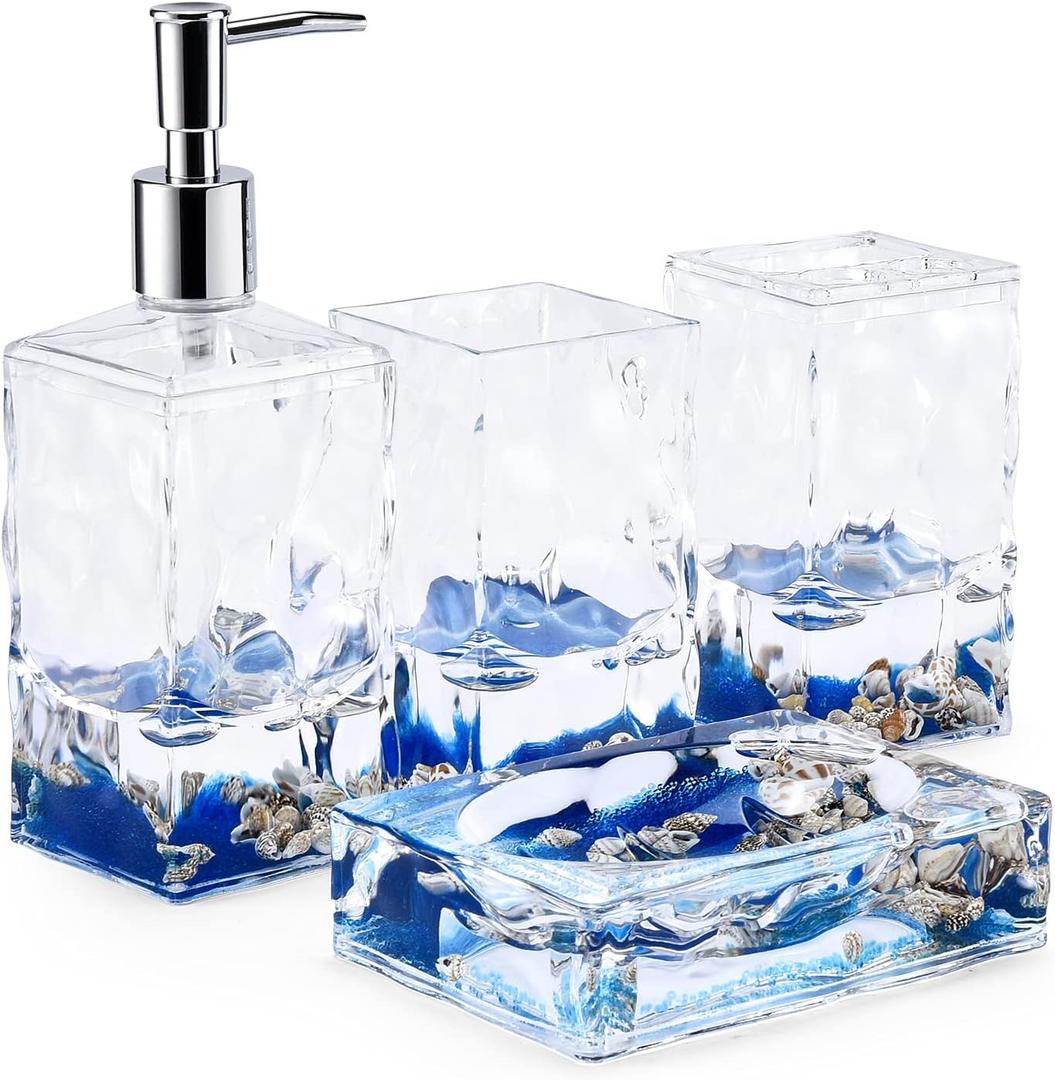 Locco Decor 4 Piece Acrylic Liquid 3D Floating Motion Bathroom Vanity Accessory Set Oceam Theme Shell Toothbrush Holder, Tumbler, Soap Dispenser, Soap Dish