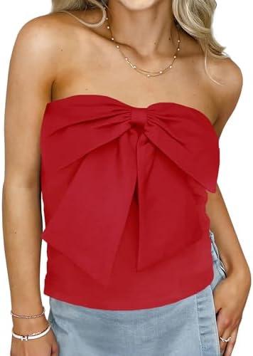 Cicy Bell Womens Bow Strapless Tube Tops Cropped Summer Cute Fitted Y2K Going Out Bandeau Tank Tops Backless Corset Shirts Size Medium