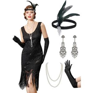 YESSA Flapper Dresses 1920s Gatsby Dress for Women Roaring 20s Costumes Fringed Sequin Cocktail Dress with 20s Accessories (Black) L