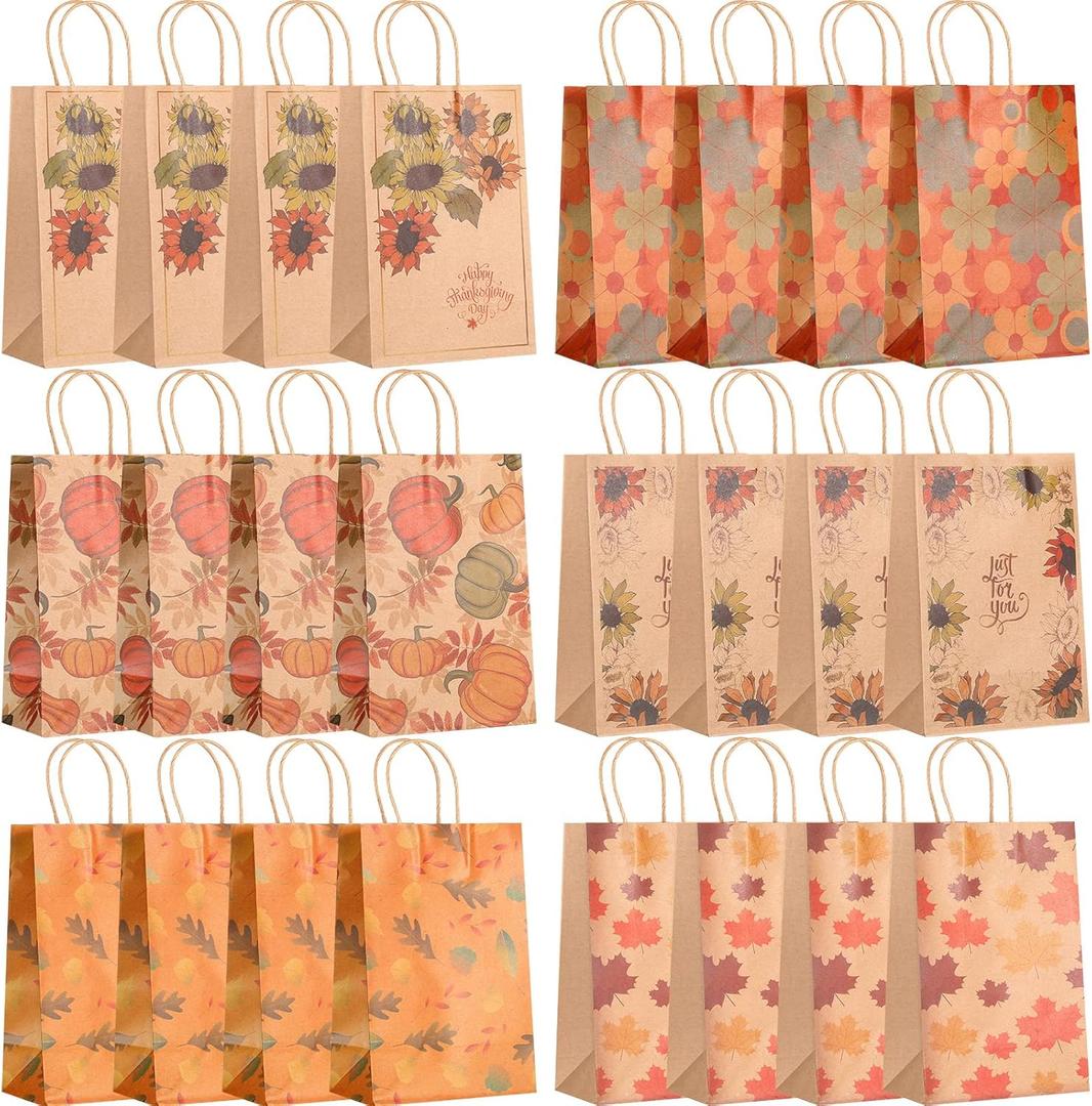 Yexiya 24 Pieces Thanksgiving Paper Gift Bags with Handles Bulk Fall Thanksgiving Pumpkins Maple Leaves Goodie Candy Treat Bags Fall Supplies for Kids Party Favors Supplies