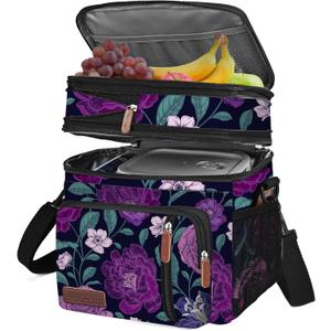 MIYCOO Lunch Bag & Lunch Box for Women Men, Double Deck Leakproof Insulated Soft Large Adult Camping Cooler bag for Work, Beach, Picnic, Travel (Purple Flower, 15L)