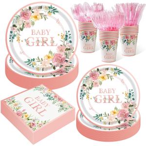 350 Pieces Baby Shower Decorations for Girl Serves 50 Guests, Floral Disposable Dinnerware Set, Pink and Rose Gold Paper Plates Cups Napkins with Plastic Cutlery