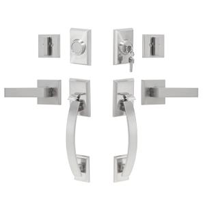 NeuType Front Door Handle Set Double Door Handle Set with Dummy Heavy Duty Double Door Lock Set, with Single Cylinder Deadbolt and Lever Handle, Compatible with Right & Left Handed Doors, Satin Nickel