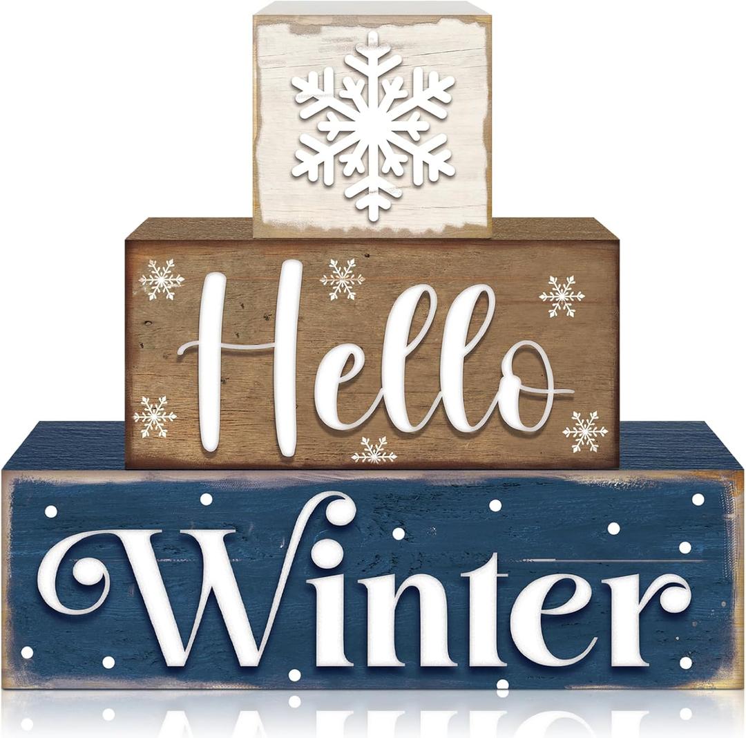 3 Pcs Winter Let It Snow Tiered Tray Decor Table Sign Winter Theme Wood Decorations Centerpiece Decor for Party Gift Desk(Snowflake Style)