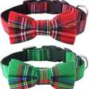 Malier Dog Collar with Bow tie Christmas Classic Plaid Dog Collar with Light Adjustable Buckle Suitable for Small Medium Large Dogs Cats Pets (Large)