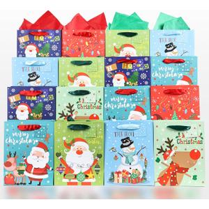 BEAVOING 24 Pack Christmas Gift Bags with Handles9x7x3.9 inch Christmas Treat Bags With Tissue Papers, Small Goody Bag For Xmas Presents Winter Holiday Party Favors
