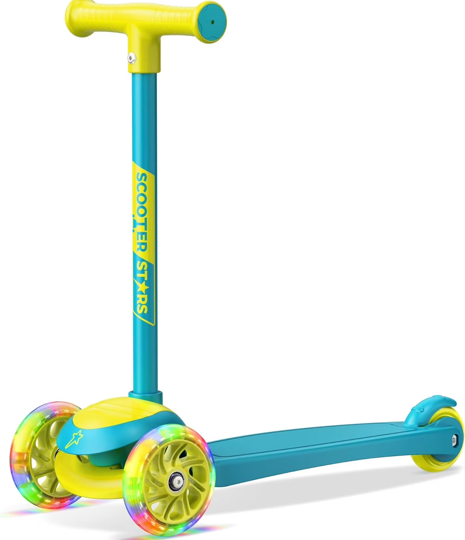 Scooter Stars 3-Wheel Kids Scooter with Light-Up LED Front Wheels, Wide Anti-Slip Deck, Rear Foot Brake, Lean-to-Steer Ride-On Toy