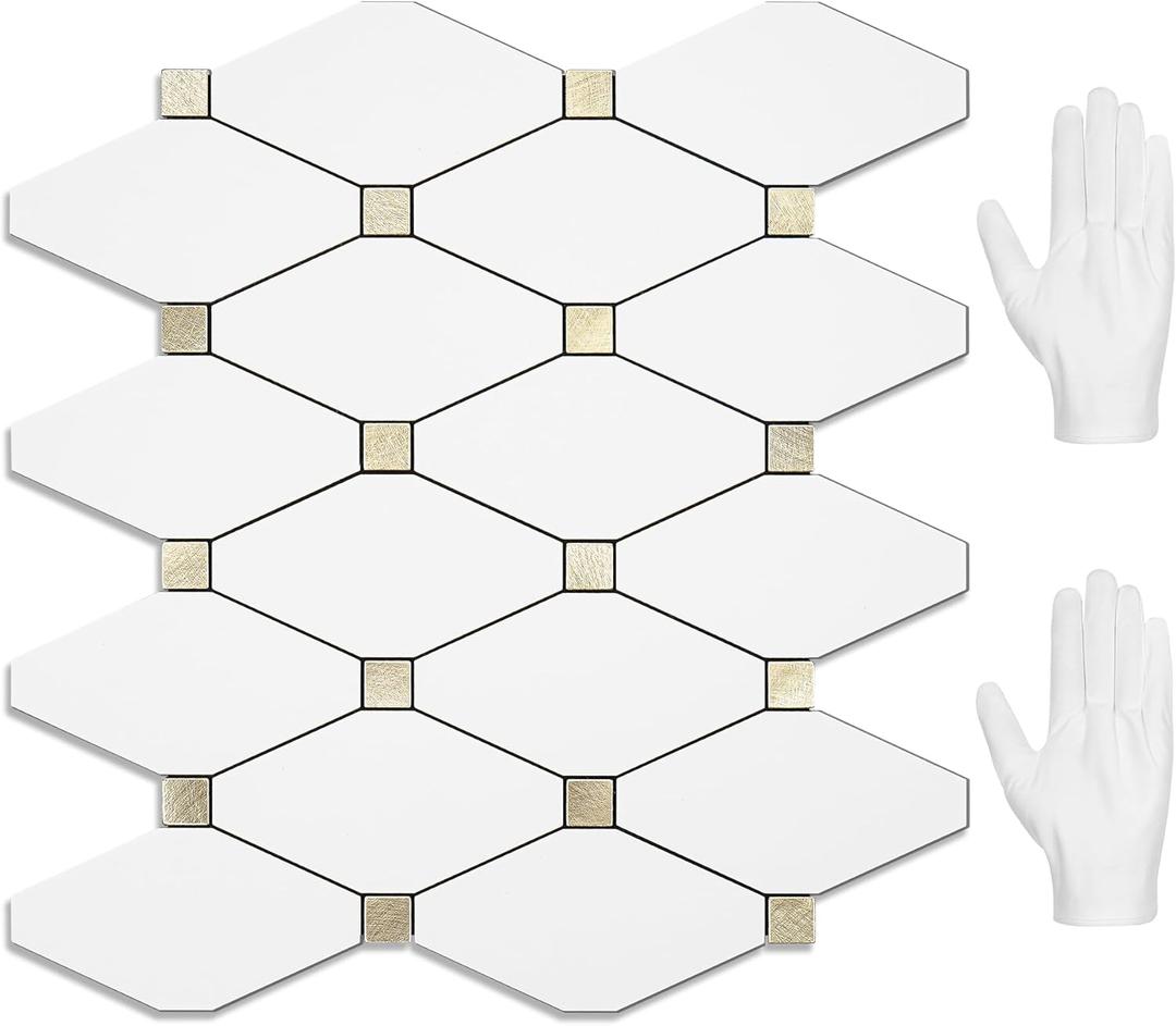 STICKGOO 10 Sheets Peel and Stick Backsplash, Pure White Marble Look PVC Mixed Metal Gold Kitchen Backsplash, Stick on Backsplash Wall Tiles for Kitchen, Bathroom, RV