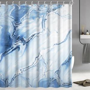 Blue Shower Curtain, Ombre Blue Marble Shower Curtain for Bathroom Modern Aesthetic Waterproof Shower Curtain Set with Hooks, 72x72 Inch