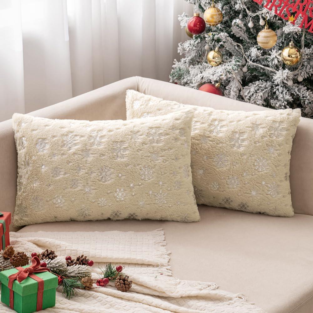 MIULEE Set of 2 Christmas Decorative Throw Pillow Covers Soft Faux Fur Winter Pillow Covers with Silver Snowflake Glitter Holiday Festival Pillowcases for Couch Sofa Bed, 1220inch, Beige
