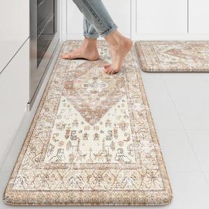 KIMODE Farmhouse Kitchen Mats,Anti Fatigue Kitchen Rugs Sets of 2, Non Slip Waterproof Kitchen Floor Mats, Ergonomic Cushioned Comfort Standing Mat for Laundry, Office, Sink,Desk,Mutil-Khaki (17.3" x 47 "+ 17.3" x 29 "--0.47 inches)