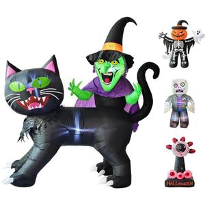 LANGXUN 8ft Witch Riding Black Cat 2025 Halloween Inflatable Decoration - Giant Blow-Up Yard Decor with LED Lights for Outdoor Lawn, Garden, Patio Cute Skeleton Ghost Hoilday Yard Party Decor