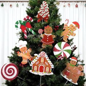 9Pcs Gingerbread Christmas Decorations Plastic Gingerbread Man House Tree Picks and Candy Cane Lollipop Tree Toppers for Holiday House Decor (Colorful)