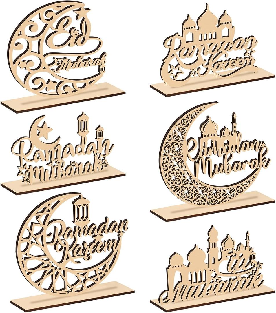 Hoolerry 6 Pcs Eid Mubarak Table Decorations Wood Ramadan Decorations for Home Eid Mubarak Table Wood Signs Moon Hollow Star Tabletop Decor for Muslim Ramadan Home Kitchen Room Decor Supplies