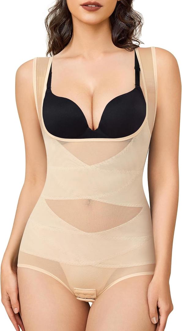 BRABIC Mesh Shapewear Bodysuit Tummy Control for Women Plus Size Faja Body Shaper Bodysuit Butt Lifter (Large, Beige)