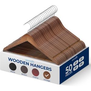 SereneLife Wooden Hangers 50 Pieces Heavy Duty Vintage Finish Clothes Hanger Set with 360 Swivel Hook Non Slip Notches Pants Bar Elegant Space Saving Wardrobe for Closet Organization