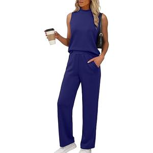 XIEERDUO Two Piece Sets for Women Summer Outfits Travel Mock Neck Lounge Sets Wide Leg Pants Beach Vacation Clothes (Medium)