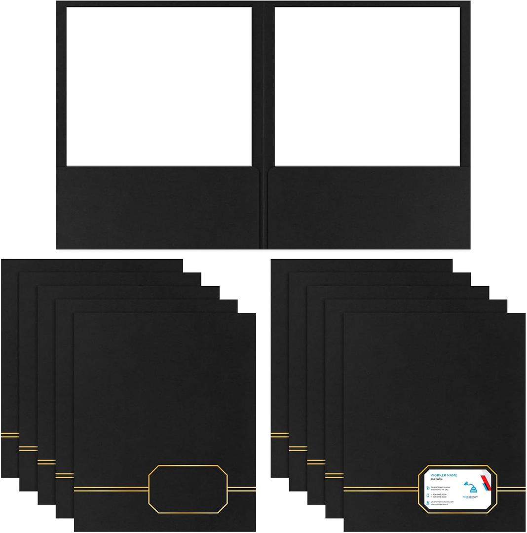 Kisston 10 Pack Executive Twin Pocket Folders Letter Size Black with Gold Foil Trim Textured Folders with 2 Pockets for Home Business Office