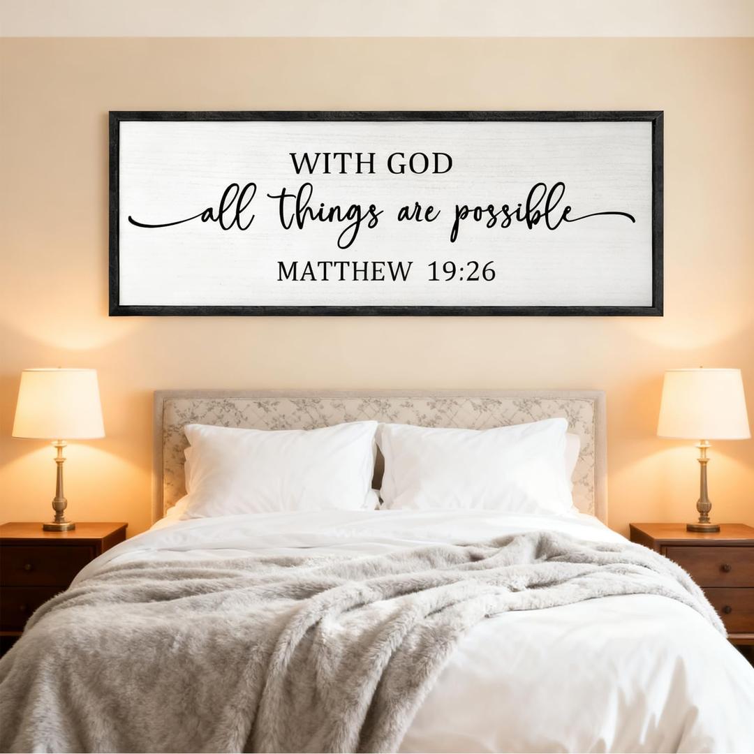 With God All Things are Possible Framed Wall Art, 40'x'15'' Positive Holy Religious Rustic Bible Verse for Christian God Jesus Christ Prayer, Vintage Horizontal Inspirational Catholic Scripture Decor