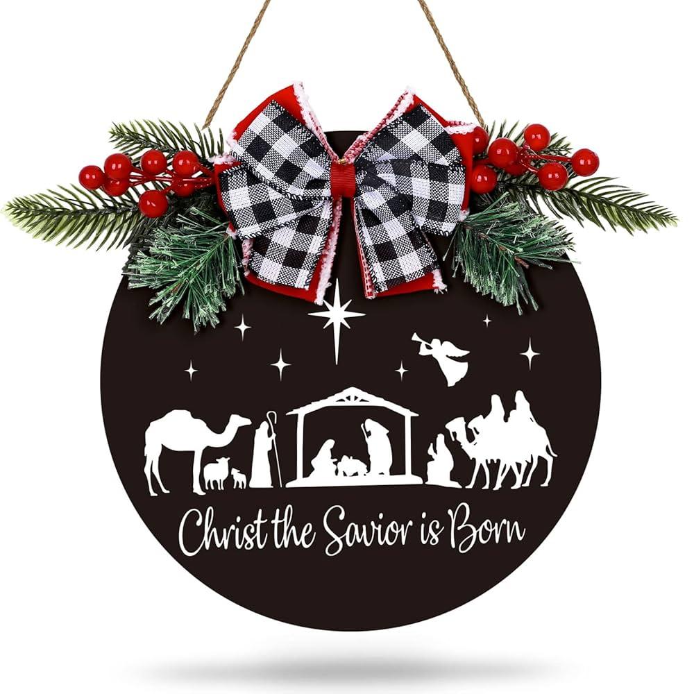 Whaline Christmas Wooden Hanging Sign Rustic Holy Night Front Door Sign Nativity Christ the Savior is Born Door Hanger with Bow for Home Indoor Outdoor Farmhouse Wall Window Decor