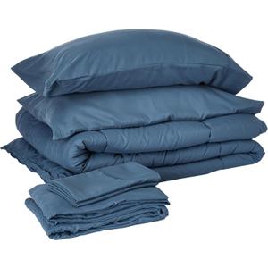 Sweet Home Collection 7 Piece Comforter Set Bag Solid Color All Season Soft Down Alternative Blanket & Luxurious Microfiber Bed Sheets, Denim, Full