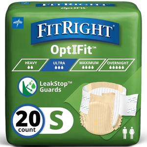 FitRight Adult Diapers, Ultra Heavy Absorbency, S (Waist Size 20in-32in), 20 Count, OptiFit Incontinence Briefs for Men and Women, Disposable, Moisture-Wicking, Leak Protection