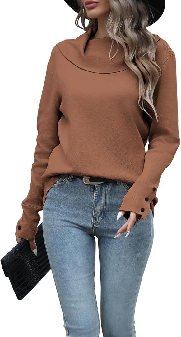 LYHNMW Women Cowl Neck Sweaters Turtleneck Long Sleeve Lightweight Knit Stretchable Loose Fit Sweater Pullover Warm Tops (Brown)
