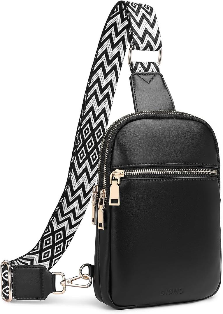 DIOMO Anti Theft Small Sling Bag for Women Cross Body Bag Trendy, RFID Fanny Packs Vegan Leather for Women Travel Belt Purse (Black-gold Zipper)