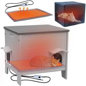 Rockever Heated Cat House for Outside in Winter, 100% Insulated Outdoor Cat House with Insulated Liner & Heating Pad, Elevated Waterproof Cat House for Outdoor Cats with Escape Door(L)