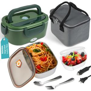 SOHIDA ElectricLunchBoxHeatedFood Warmer, 80W Heating Lunchbox for Adults, 2 Pack 1.5L Stainless Steel Containers, 12/24/110V Portable Warmer for Work/Car Lonchera Eléctrica Portátil (Green)