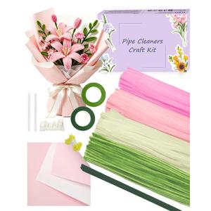 400 Pcs Pipe Cleaner Flower Kit, Pink Pipe Cleaners Bulk, 4 Color Fuzzy Sticks Set for Tulip Flowers Making, Thick Chenille Stems for Arts DIY Craft as Gift (Pink)