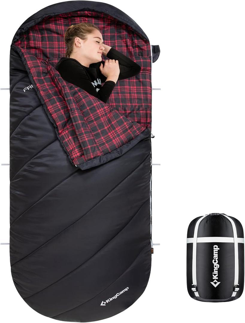 KingCamp Sleeping Bag for Adults, Cold Weather & Warm Extra Wide Big & Tall XL Portable Waterproof Flannel Sleeping Bags, Essentials Gear Accessories for Camping Backpacking Hiking Indoor & Outdoor (86.6" x 39.4", 34F Thermal Pod Black)